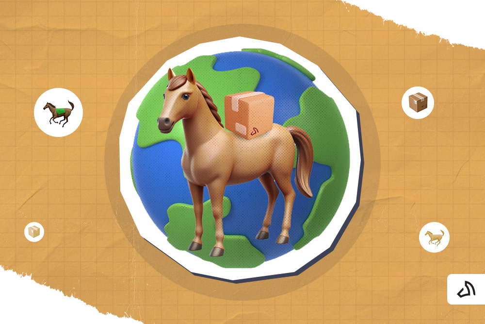 A horse in the middle of the globe with a box on top of it.