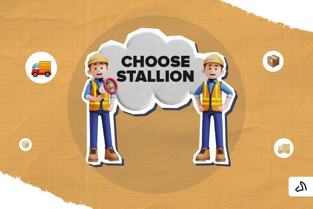 Two 3D-rendered people standing beside a cloud bubble with a text Choose Stallion