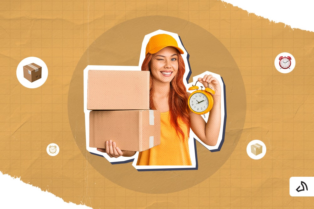 A woman is holding an alarm clock on the right and two boxes on the left