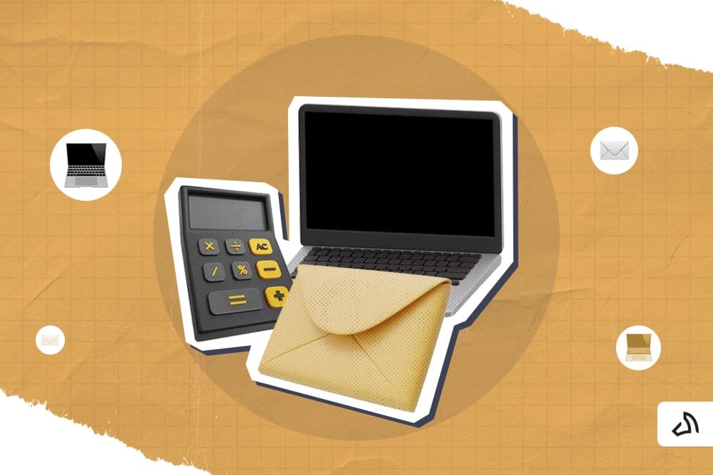 A calculator, a laptop, and an envelope