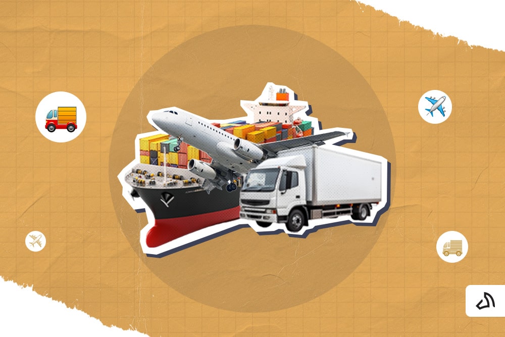 Various shipping transportation, including a van and a ship