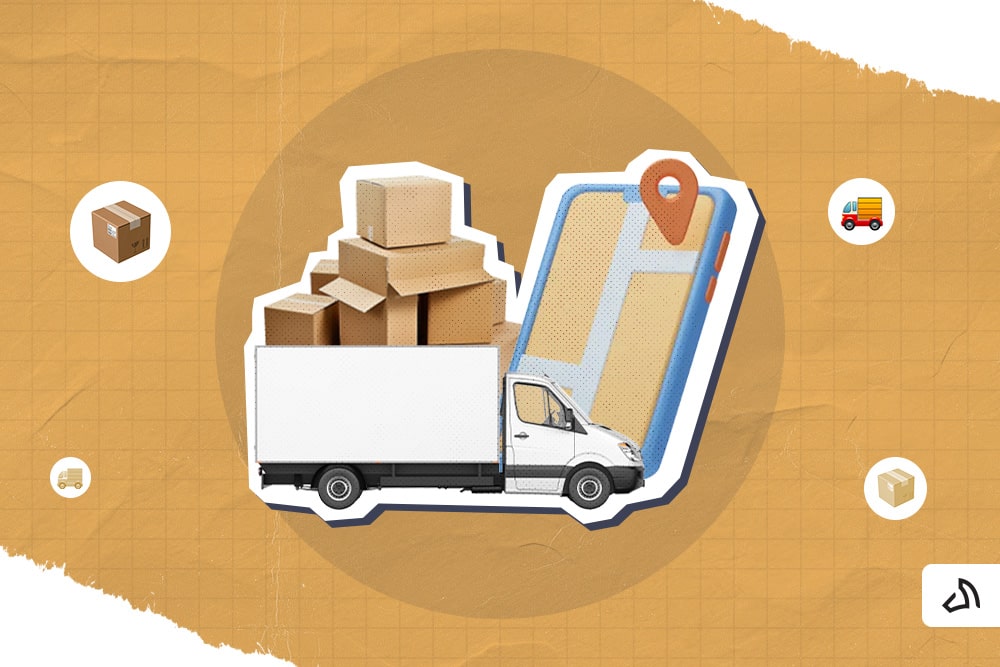 A white delivery van with a location pin and stack of boxes at the back