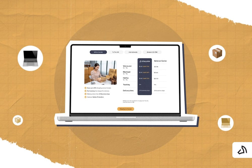 A laptop with the Stallion Canadian shipping landing page on the screen