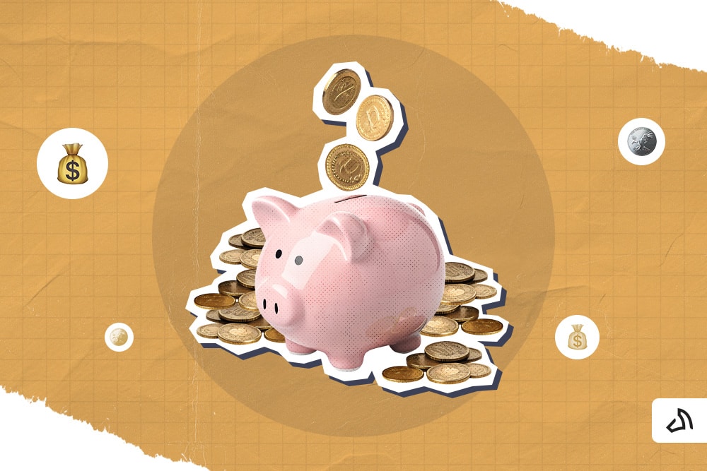 A pile of coins with a piggy bank at the bank.