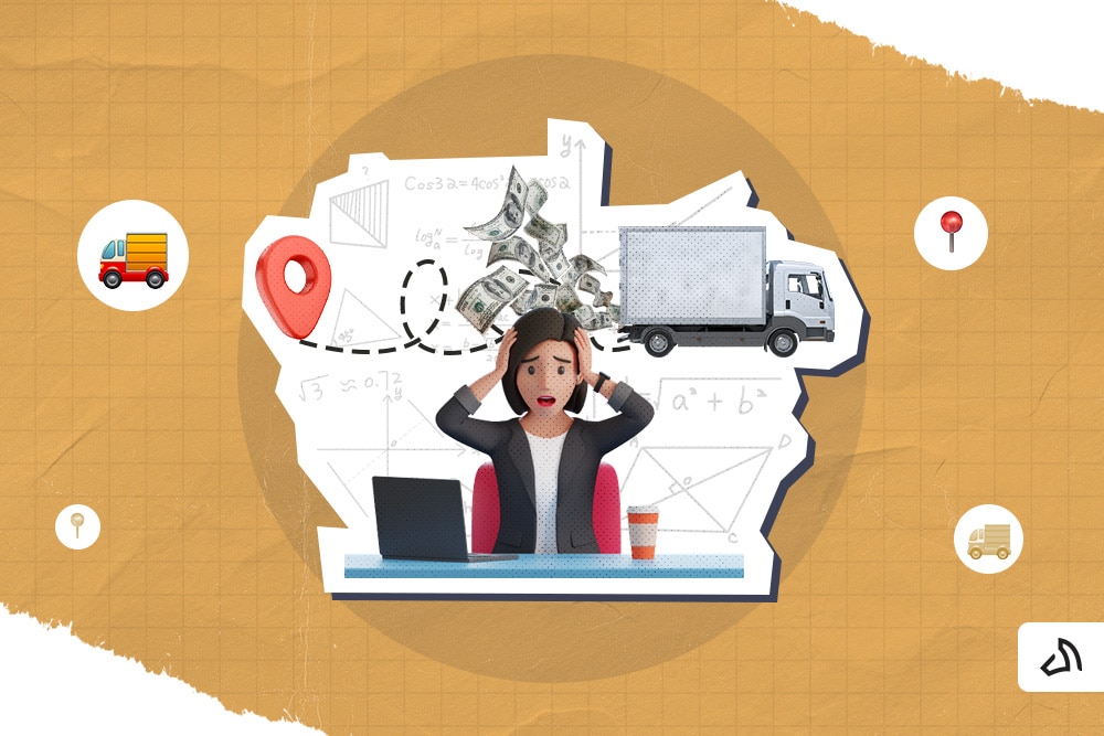 A stress woman with a white delivery truck at the back.