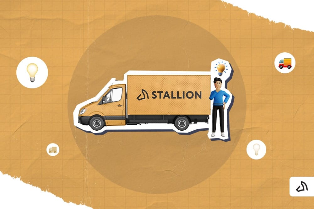 A person has a lightbulb on his head and the Stallion delivery van behind him.