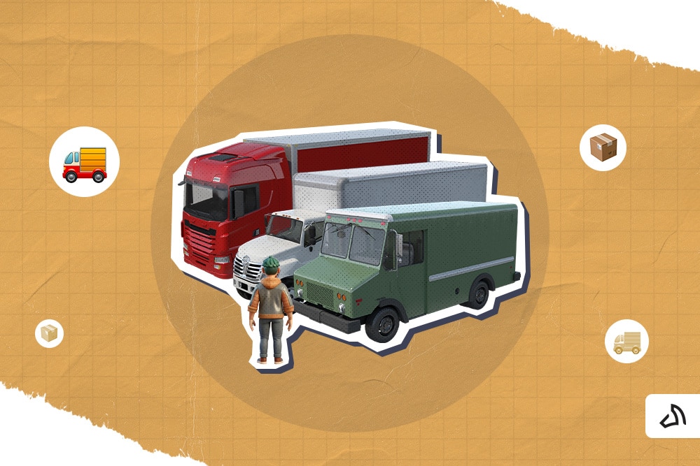 A man standing in front of three different delivery trucks.