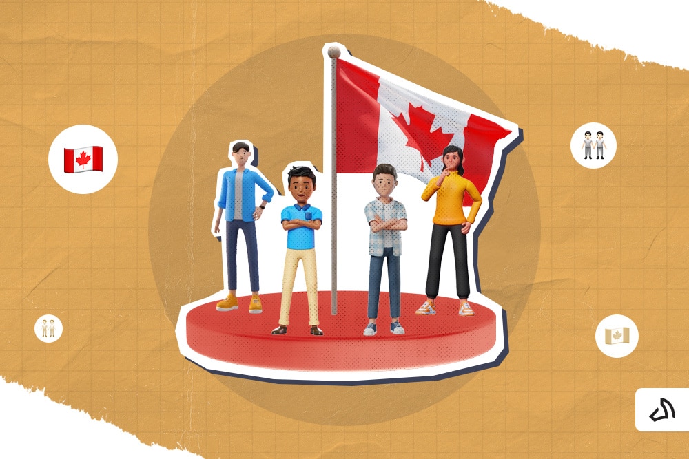 Four people standing on a podium with the Canadian flag placed in the middle.