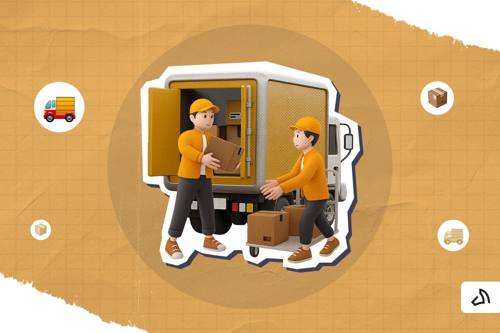 Two 3D-rendered people taking packages out of the yellow delivery van