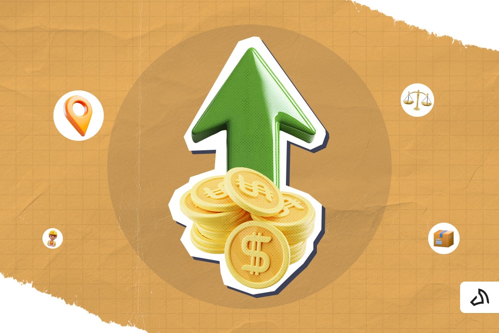 A pile of coins with a green arrow at the back