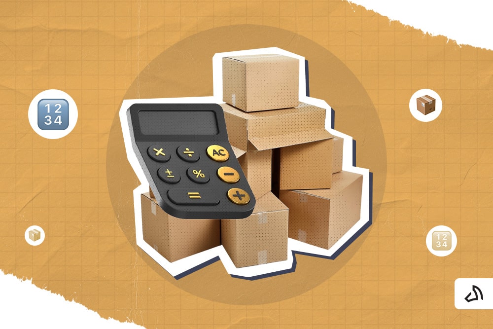 A stack of boxes with a black calculator on top