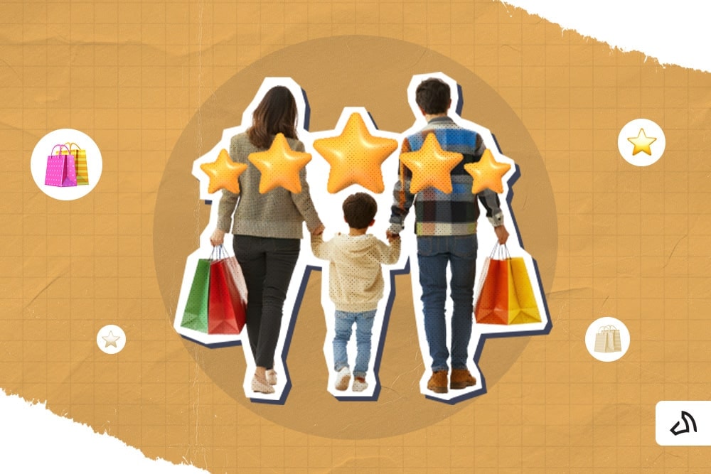 A family of three with carrying shopping bags with five stars