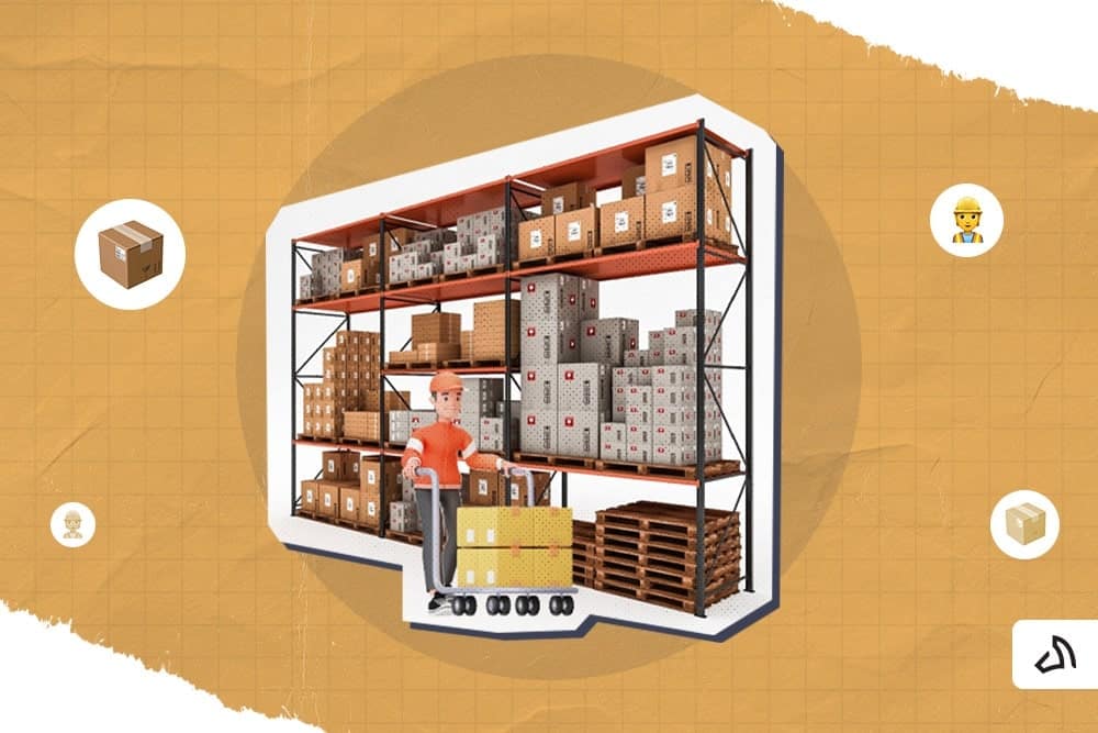 A 3D graphic image of a man pushing a trolley of boxes with a warehouse rack at the back