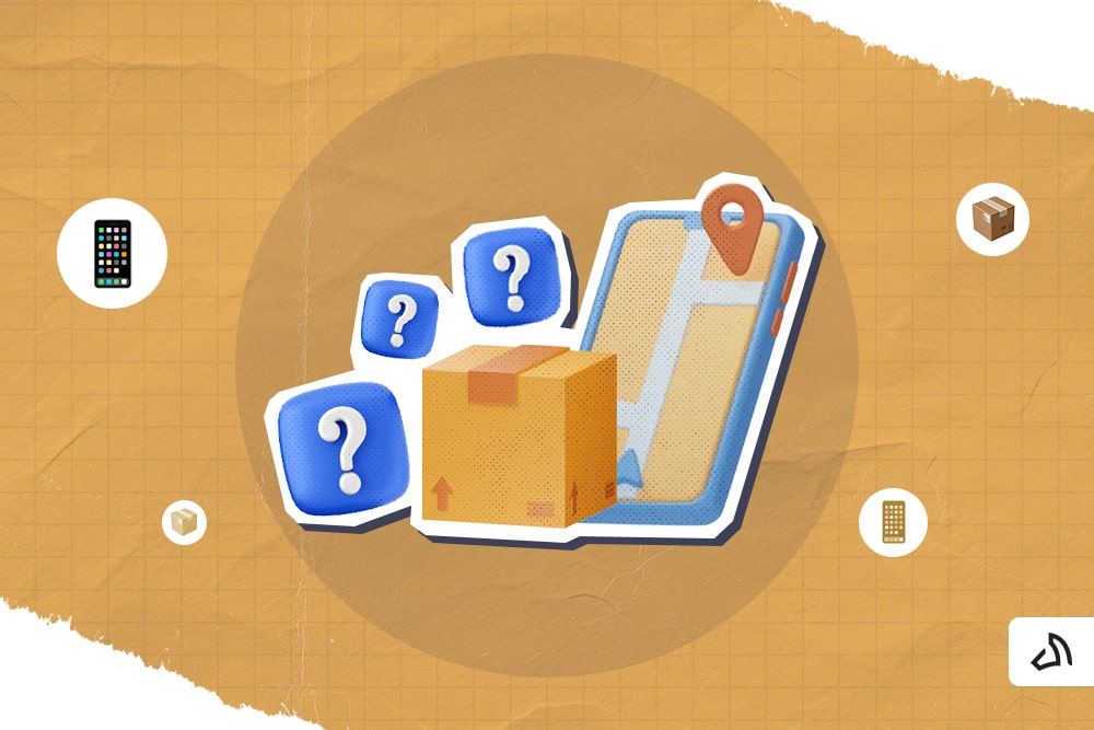 A brown box with three question marks and a phone with a location pin