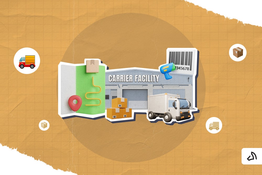 A carrier facility surrounded with different elements, including delivery truck