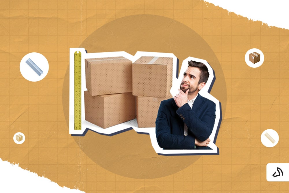 A man thinking and four boxes at the back