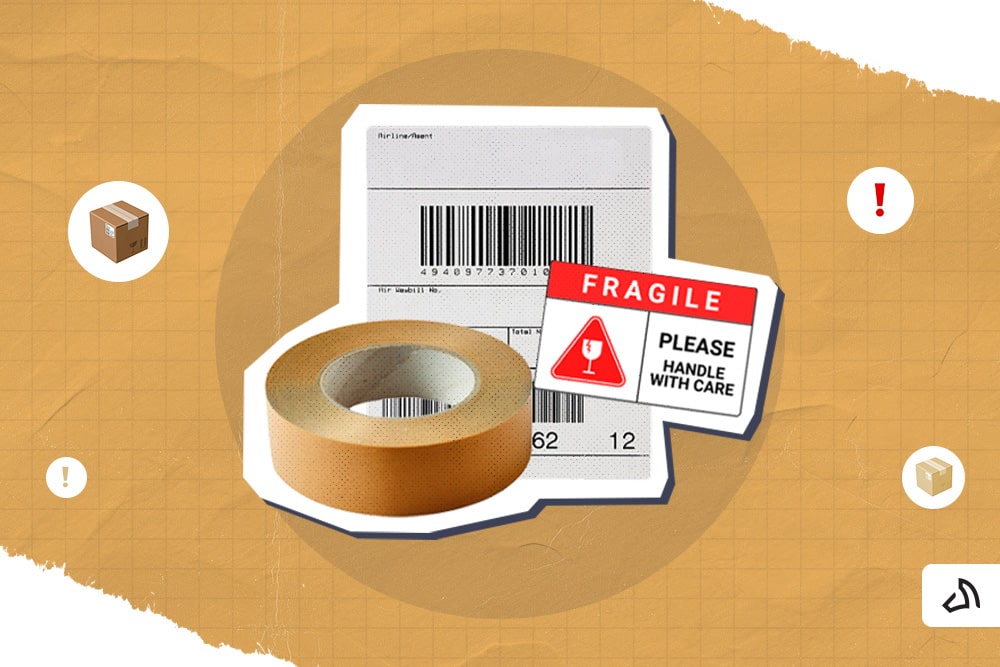 A packing tape, a fragile sticker, and a shipping label