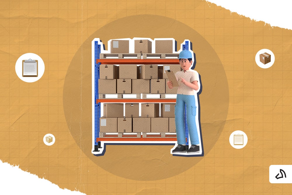 A rack organizer full of boxes with a man standing in front of it.