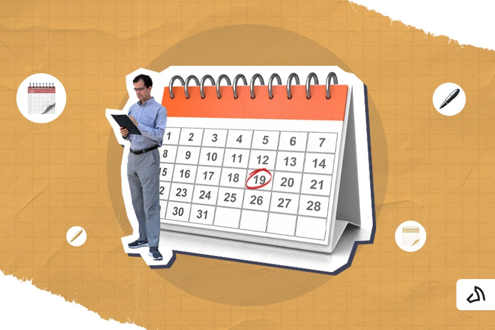 A red mark on a calendar with a man standing in front of it