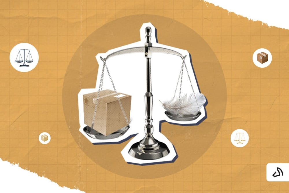 A scale weighing a box on the left and a feather on the right