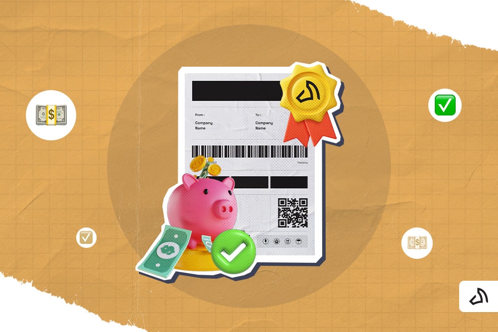 A shipping label with a Stallion ribbon and a piggy bank on the side