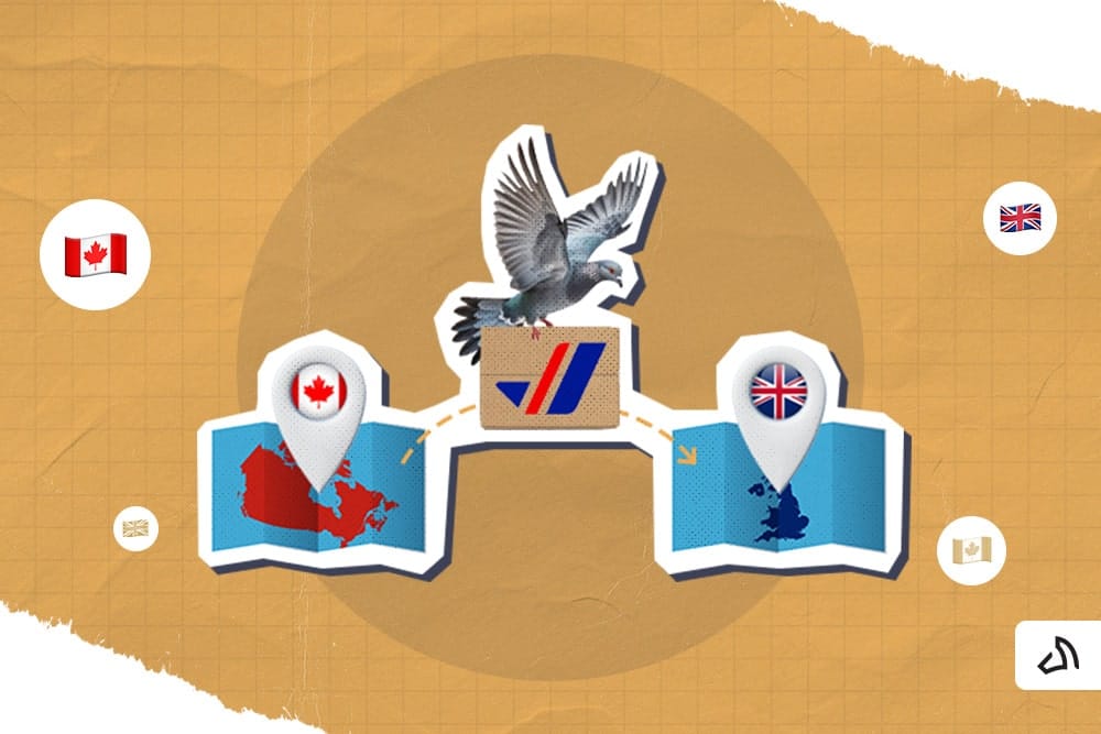Gray pigeon carrying a parcel with Purolator logo between maps of Canada and the UK.