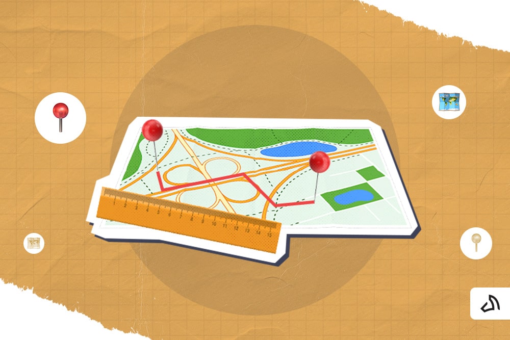 Two location pins of a map with a ruler on the left side