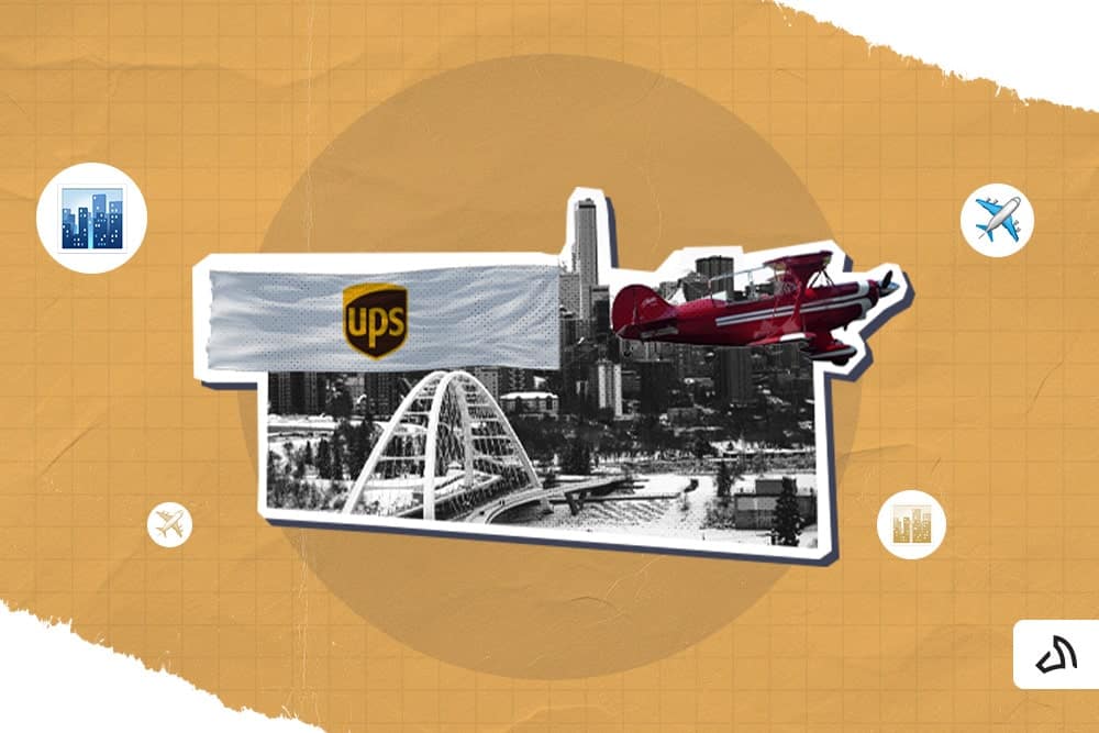 UPS banner carried by a red propeller aircraft
