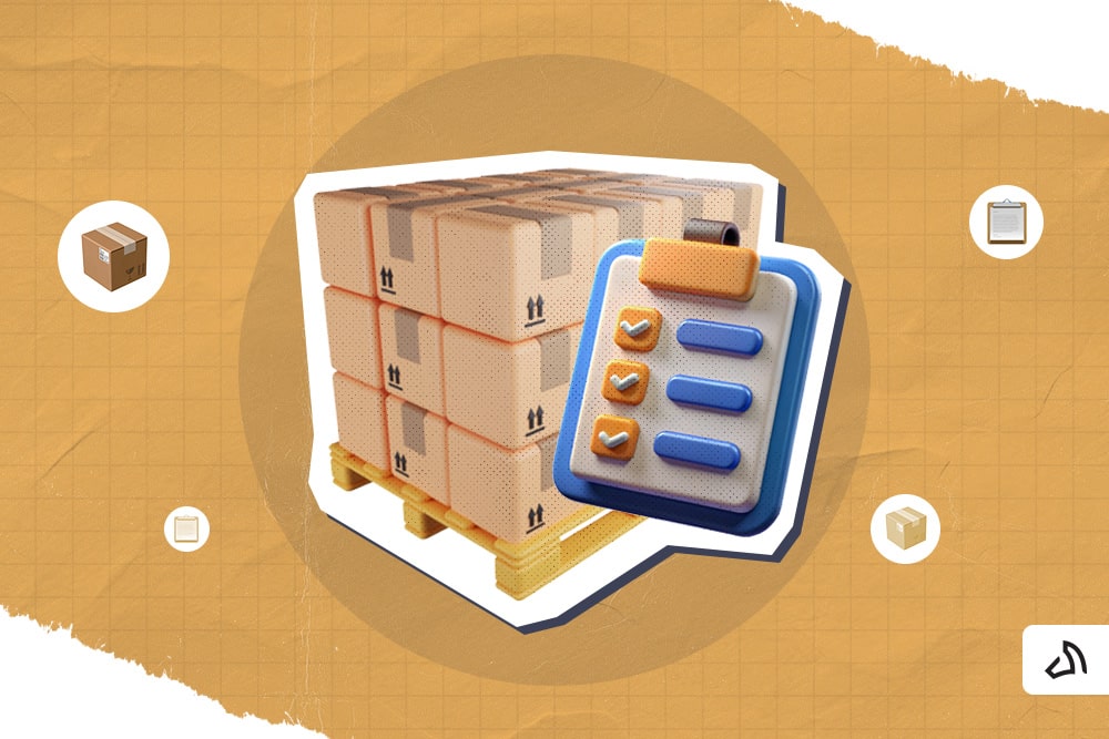 3D-graphic boxes on top of a pallet with a checklist on the side