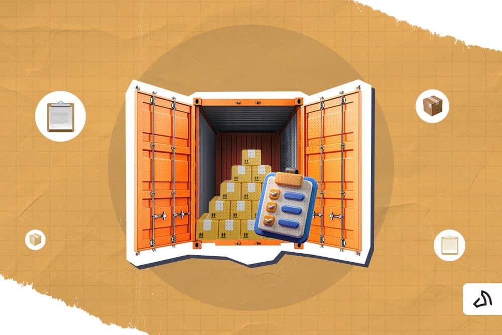 3D-graphic shipping container full of boxes with a checklist on the side