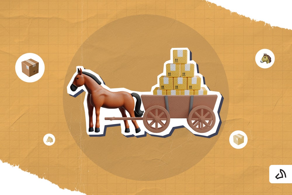 A 3D-graphic horse pulling a wagon full of boxes