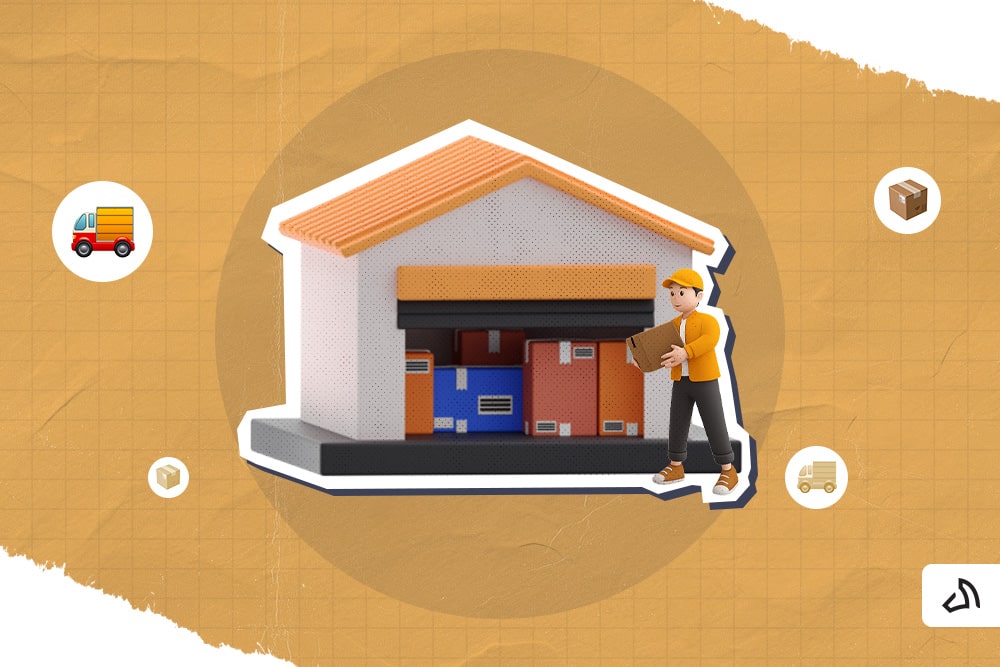 A 3D-graphic man is holding a box with a warehouse behind him