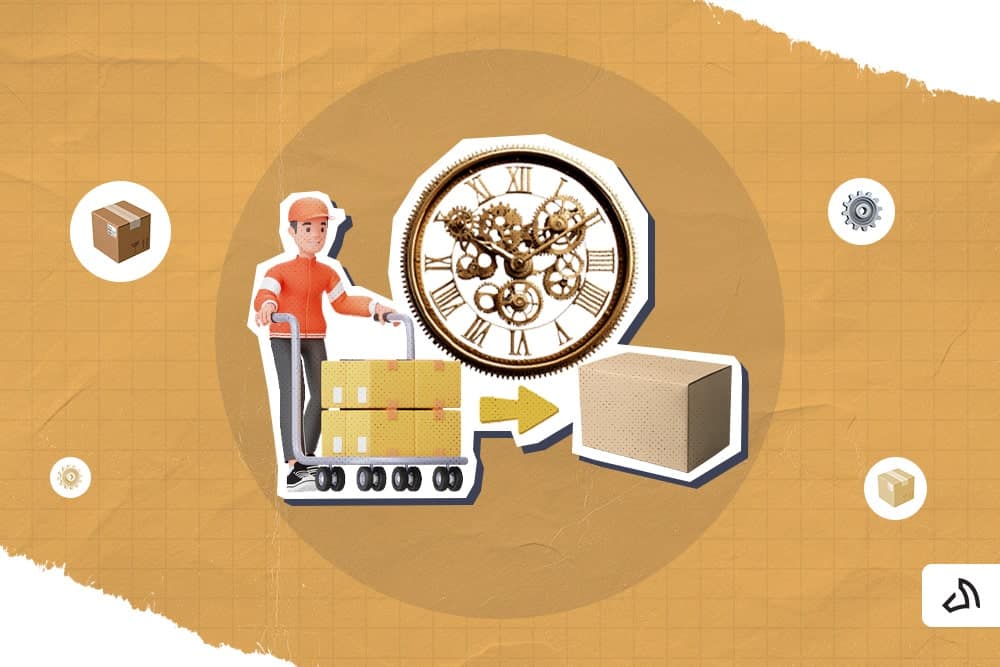 A 3D-graphic man pushing a trolley with a clock at the background