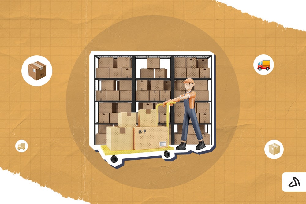 A 3D-graphic woman is pushing a yellow trolley full of boxes