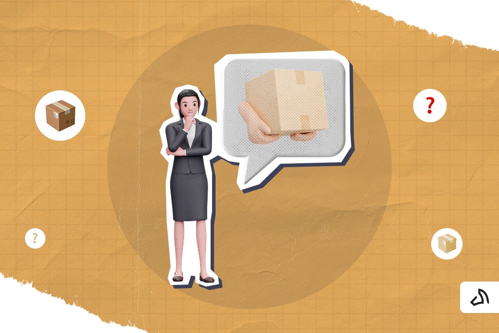 A 3D-graphic woman is thinking of a box