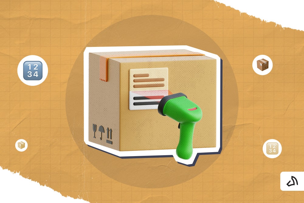 A box with a code scanned by a green scanner