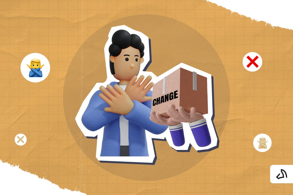 A person crossing her arms with a pair of hands offering a box stamp with "CHANGE"