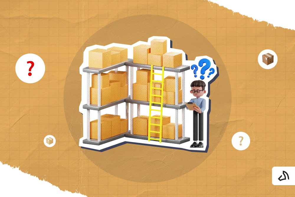 A person holding a clipboard with a rack of packages beside him