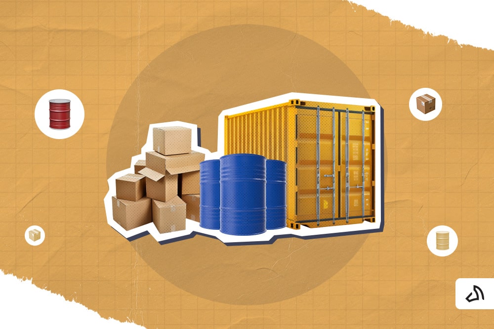 A pile of boxes, a blue oil drum, and a shipping container