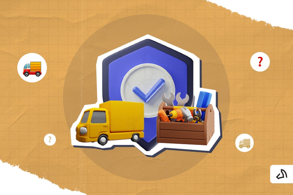 A shield with a check mark, a delivery van, and tool box