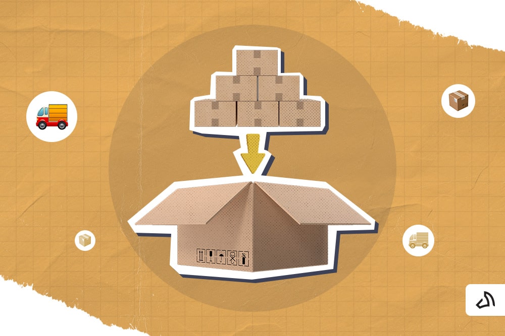 A stack of boxes is on top of an even bigger box