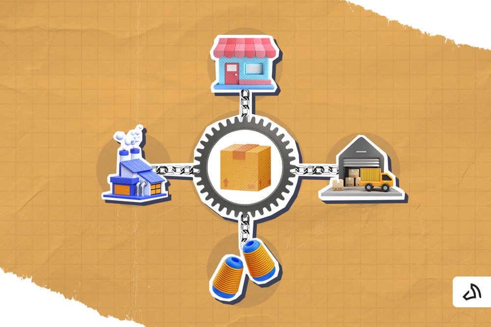 A thread, a factory, a warehouse, and a retail store surrounding a gear