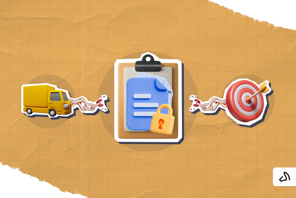 A yellow delivery, a clipboard with a lock, a bull's eye, connected by a broken link