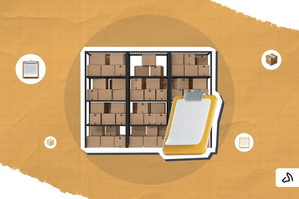 Boxes arranged in a rack with a yellow clipboard on the sid