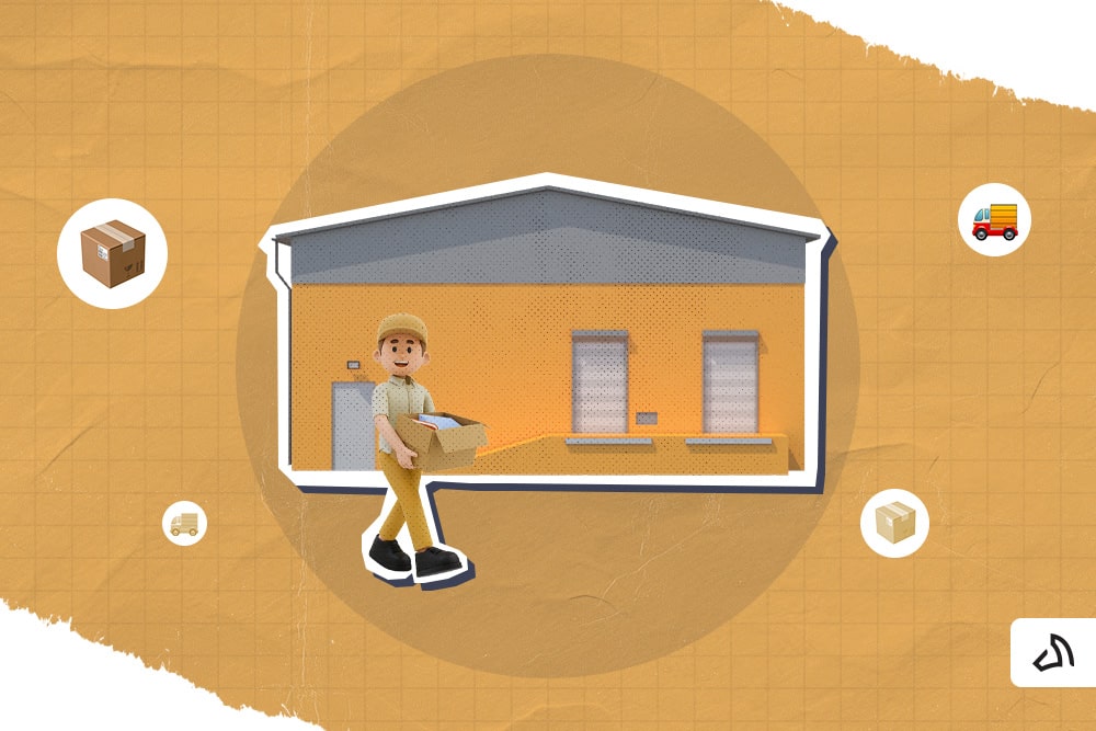 Person carrying a kit and walking in front of a warehouse