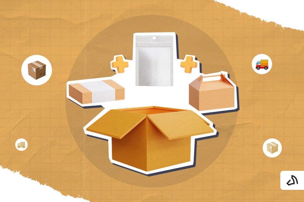 Three different shaped small packages and one larger open box