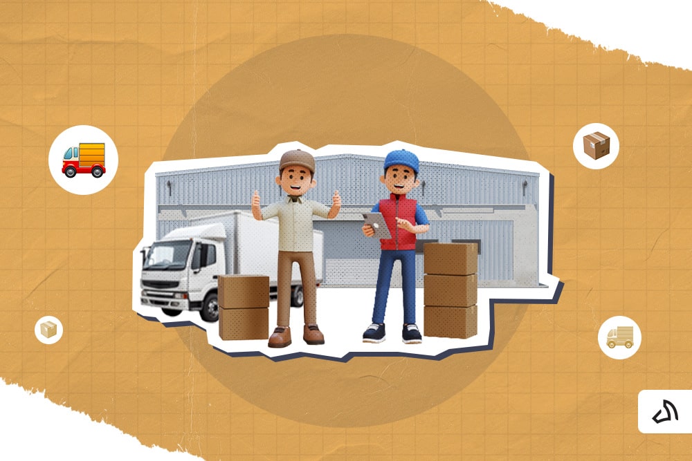 Two 3D people are standing in front of a warehouse with a white delivery van.