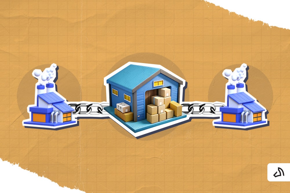 Two factories on both sides with a warehouse in the middle all connected by a metal link