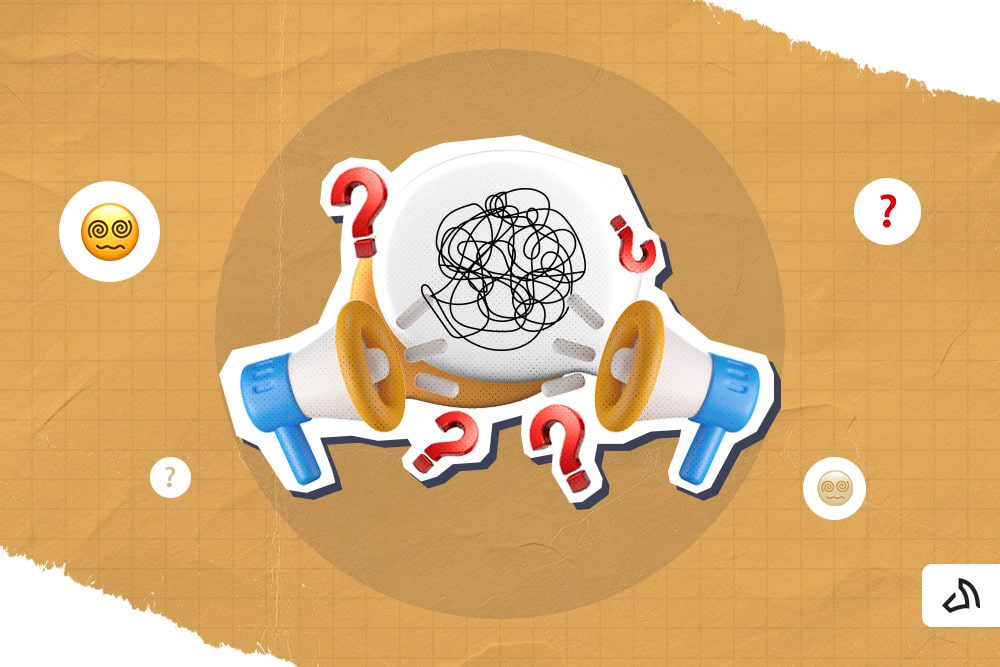 Two megaphones facing each other with squiggles and question marks at the centre