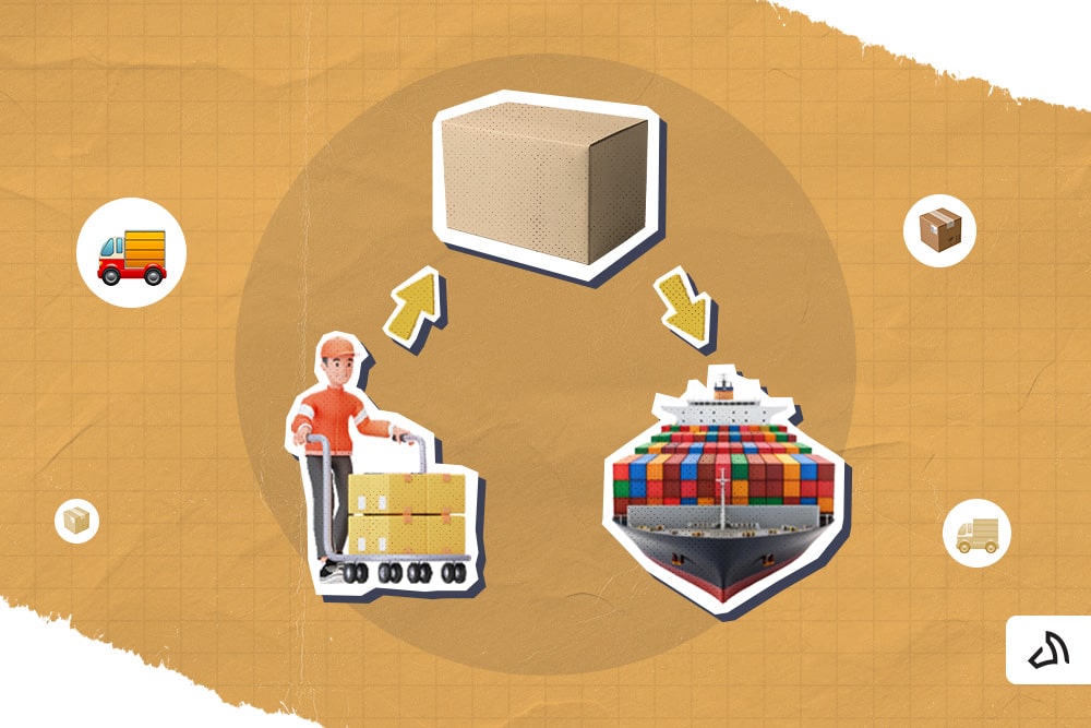 Warehouse worker picking kitted packages, a closed box, and a cargo ship laden with shipping containers